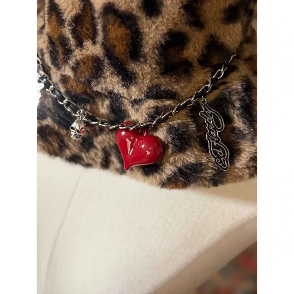 Ed Hardy Leopard Faux Fur Bucket Hat Red Heart Charm Chain Accent‎